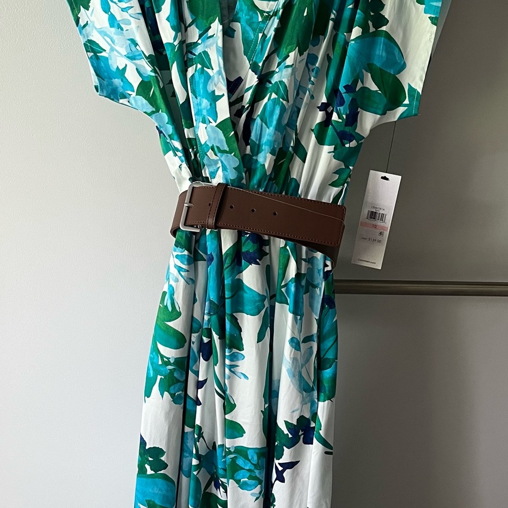 New - never worn!  Klein Floral Green and Blue Dress with Brown Belt